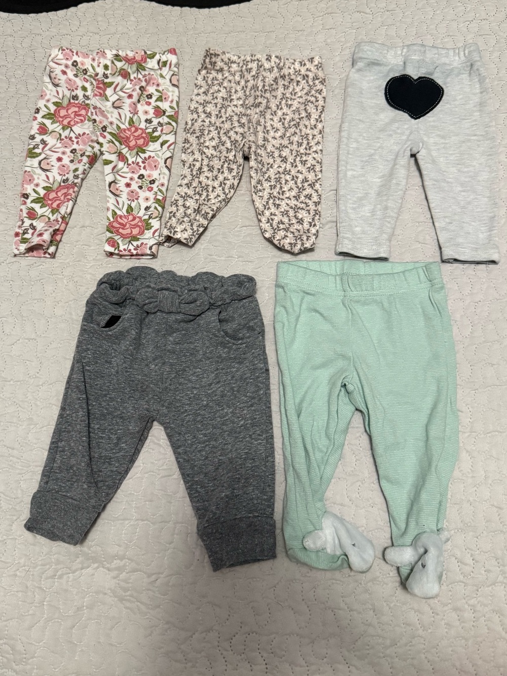 0-3 month Baby Girls Mixed gray & Floral Bottoms Pack - Gray, Pink, Mint 5 Set